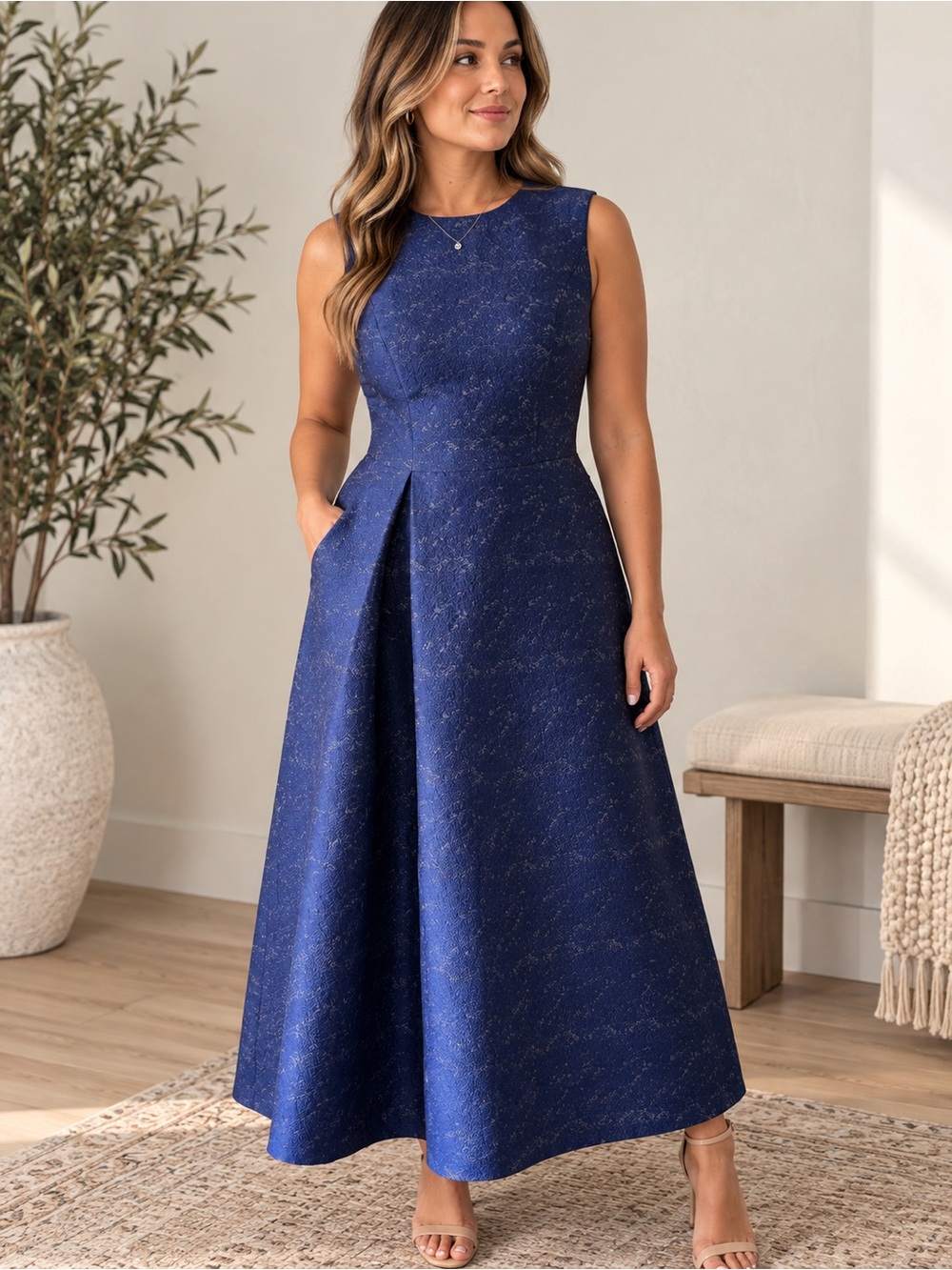 Kay Unger New York Royal Blue Textured Jacquard Gown – Size 10 NWT